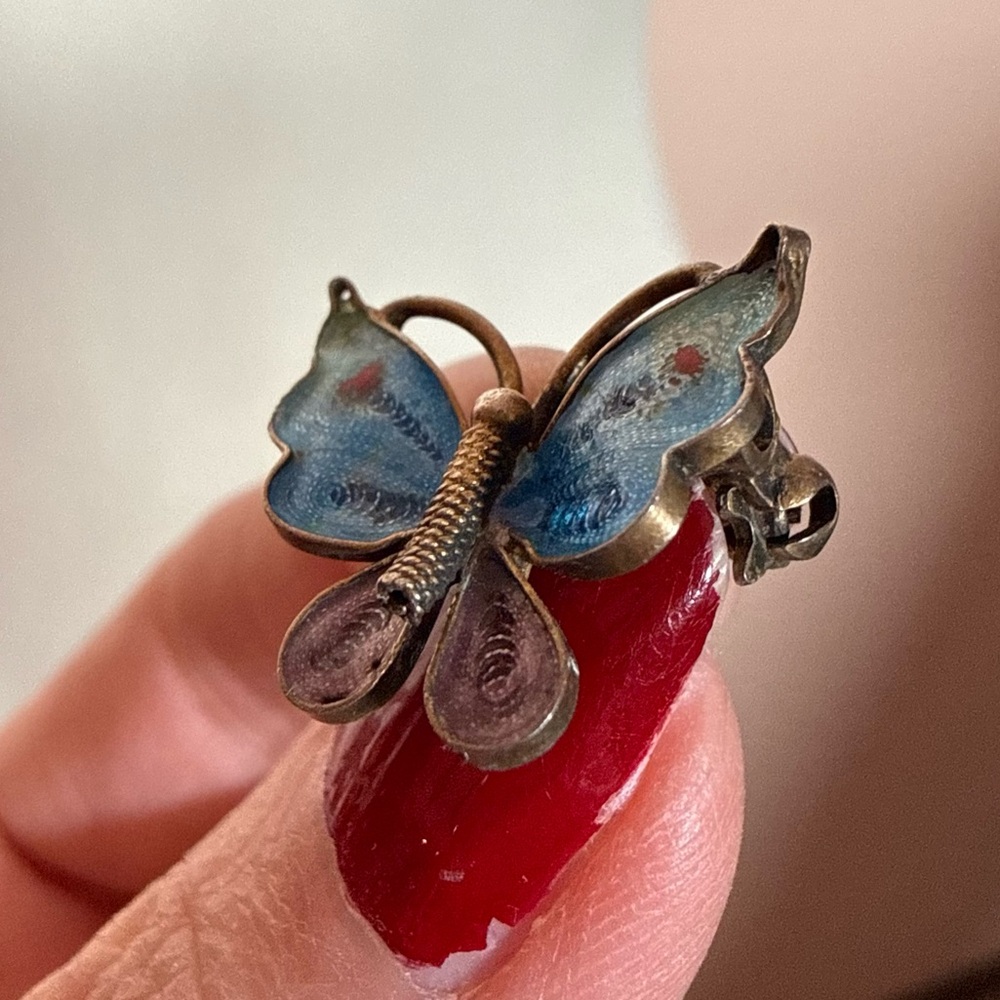 Antique 800 silver deco Filagree blue plique-a-jour Enamel tiny Butterfly brooch - Picture 16 of 17